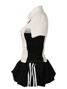 Chic Women 2 Pieces Set Short Sleeve Lapel Neck Varsity Sweatshirts High Waist Skirts Matching Set 2025 Summer Y2K Streetwear Fitness Workout Tracksuits - Black - View 5