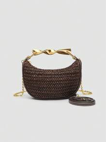1 pieza Bolso de playa trenzado, nuevo bolso de verano para mujer con asa metálica, mini bolso cruzado con cremallera trenzado, bolso tote casual de paja trenzado, perfecto como accesorio para playa y vacaciones, incluye correa desmontable
