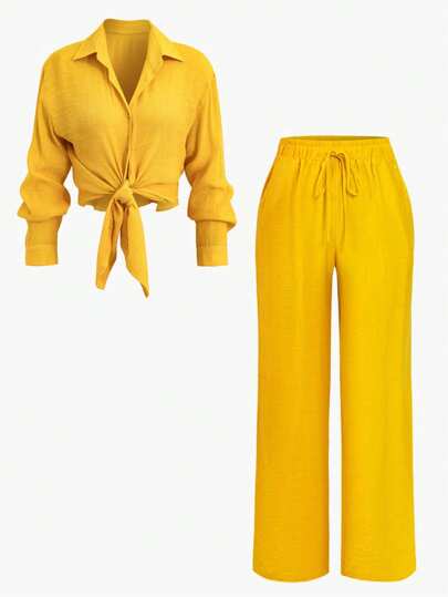 2pcs Women's Casual Minimalist Shirt And Pants Set, Knit Mesh Fabric 75G, Spring/Summer