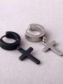 1 par de brincos masculinos com pingente de cruz personalizado, sem piercing, clipes de orelha de aço inoxidável, brincos minimalistas de hip hop para casais, adequados para encontros, férias, festa