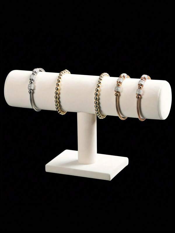 1 Stück eleganter weißer Samt T-förmiger Armband/Schmuck Ausstellungsständer - Tischplattenorganisator, geeignet für Einzelhandelsauslagen, ohne Strom, stabiler Kunststoffboden, ideal für Halsketten, Armbänder und Uhren, weiche Samtoberfläche für feminine Nutzung, multifunktionaler Desktop-Zubehörorganisator, ohne Strom
