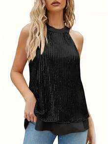 Sequin Tank Tops Women Sequin Halter Tops Sparkle Sleeveless Shirt Dressy Sparkle Tank Party Club Shirt - Black - View 2
