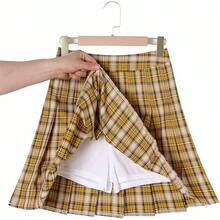 Hoerev Women Girls Short High Waist Pleated Skater Tennis Skirt Halloween Christmas New Year - Vàngtrắngđen - Xem 3