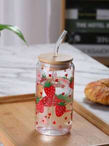 1 Pack, 500ml, Bowknot Pattern, Glass Iced Coffee Cup, With Bamboo Lid, Straw, Cute, Creative, Cold Drink Tumbler, Travel Mug, Christmas Gift, Office, Coffee Lover, Water Bottle, Milk Tea Cup, For Christmas Decorations, Party, Holiday
