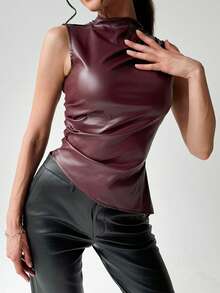 Jeta Ari 女士优雅别致复古性感机车风酒红色纯色 PU 不对称褶饰腰部背心