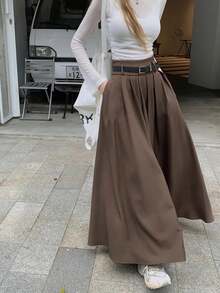 Rok Panjang Berlipit dengan Pinggang Tinggi untuk Musim Gugur/Dingin, Rok Panjang Model A-Line Elegan untuk Perjalanan, Halloween, Natal - kopi - View 3