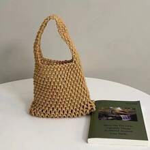 Solid Color Hollowed-Out Hand-Woven Shoulder Bag, Stylish Hand-Woven Handbag With Exquisite Single Strap Mesh Design, Perfect For Beach Vacations Or Summer Trips, Light And Breathable, Showing A Natural Casual Style