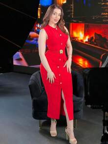 SHIBASHAN Damen elegantes rotes Midikleid mit rundem Ausschnitt, ärmellos, mit Gürtel, lässiger Sommerstil, einreihig, Tanktop, langes Kleid - Rot - Übersicht 4