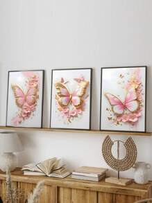 3Pcs/Set, Optional Frame, High Quality Print Painting, Modern Style, Butterfly, Pink, Gold, Flowers, Three-Dimensional Craft, Sweet Style, Home Decoration, Decorative Painting, Suitable For Living Room, Sofa, Bed, Hallway, Bedroom, Bathroom, Office, Perfect Art Gift