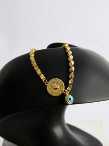 Golden Chain With Coin Decoration & Blue Crystal Charm Beaded Wristband Bracelet Unisex
