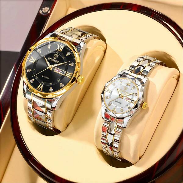 2pcs/Set Gifts Couple Watches For Men Women Stainless Steel Strap Gold Silver Blue Dial English Week Calendar Date Display Diamond Scale 50M Waterproof Japan Imported Quartz Movement Watch Lover Parents Holiday Anniversary Gift Valentine's Day Fashion Luxury Back To School Essentials