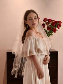 Multilayer Airy Mesh Wedding Veil With 3D Faux Pearl Floral Decor, Wavy Edge Design For Bridal Wedding Party