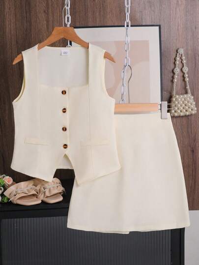 Left Mama Tween Girls Elegant Minimalist Vest Top And Mini Skirt 2-Piece Set, Summer