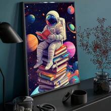 1pc Astronaut Sitting On Book Space Themed Canvas Print Poster, Modern Wall Art Decor, Painting Suitable For Home, Bedroom, Living Room, Kitchen, Bathroom, Office, Home Decor, Dorm Room, Bedroom Decor, Wall Decor, Classroom Decor