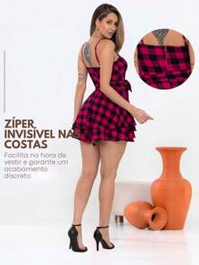 Plaid Jumpsuit Dress S To GG Women's June Party Look São João Fabric Duna Short Stylish Bow Waist Plaid Casual Cute Party Hem With Ruffle With Belt - 玫瑰紅 - 查看 4