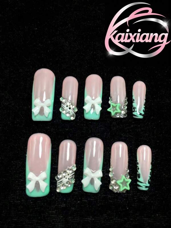 10 - Piece Handmade Press Nails. With A 3.3 Mm Square Shape. Decorated With White Bows, Green Stars, White Rhinestones, And Hand Painted Green French Style Lines. The Style Is Sweet And Cute, Making It A Perfect Gift For Girlfriends. Reusable.