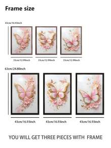 3Pcs/Set, Optional Frame, High Quality Print Painting, Modern Style, Butterfly, Pink, Gold, Flowers, Three-Dimensional Craft, Sweet Style, Home Decoration, Decorative Painting, Suitable For Living Room, Sofa, Bed, Hallway, Bedroom, Bathroom, Office, Perfect Art Gift