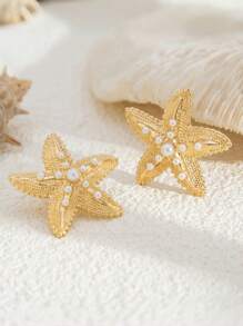 1 Pair Unique Ocean Style Faux Pearl & Star Stud Earrings, Suitable For Vacation, Party And As Gift