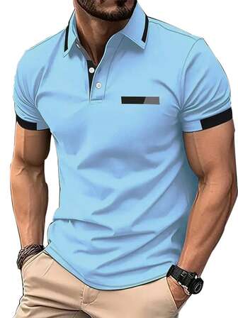 Men Clothes Summer Short Sleeve Spell Color Business Casual Polo Shirt Men Lapel Tops Polo Shirt,Sports&Outdoor-Tennis&Golf