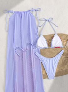 مجموعة من 3 قطع ملابس السباحة مكونة من بكيني مطبوع بالأزهار وتنورة بوهيمي لإجازة الشاطئ للنساء في الصيف