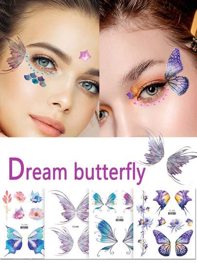 4-6 أوراق عبوة متعددة الفضيات الكريستالية ثلاثية الأبعاد وملصقات وشم وشم للفراشات المؤقتة للنساء لتزيين العينين والوجه, فن جسدي شفاف من النداوة, فراشات لامعة وشم مؤقت للمهرجانات والحفلات لتزيين العيون