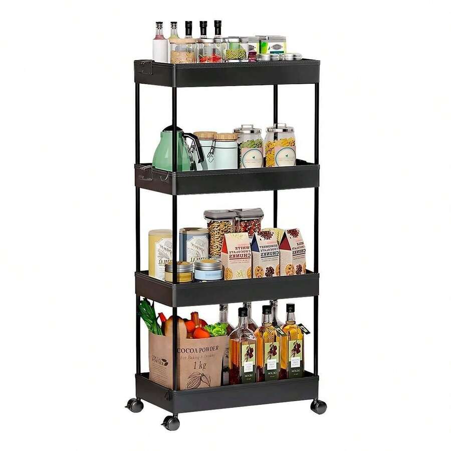 Estante organizador carrito 4 niveles cocina baño tamaño 20*32*100cm durable portátil color negro organizador de espacio práctico multiusos ruedas almacenamiento utensilios productos limpieza fácil de mover - Multicolor - Ver 1