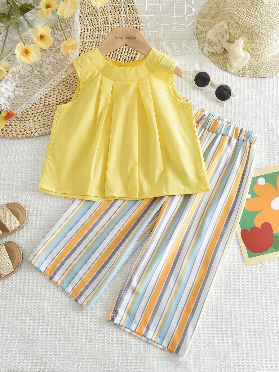 2件套女童休闲条纹背心和长裤套装，夏季 - 黃色 - 查看 1