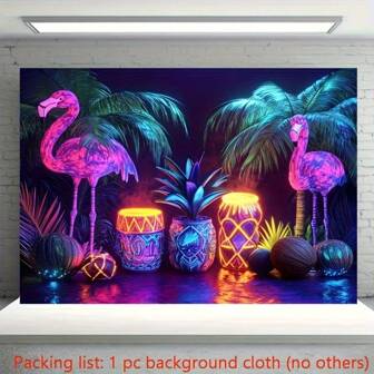 1 pièce Bannière de fond tropical hawaïen vibrante avec flamants roses, lanternes tiki et feuilles de palmier - décoration murale de fête surdimensionnée, parfaite pour les photomatons, anniversaires, fêtes à thème - polyester durable, pour utilisation intérieure et extérieure, accessoires d'événement | Design en couleurs néon | Impact visuel audacieux, décoration de fête hawaïenne