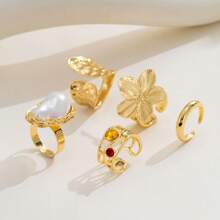 5-6pcs/Set Fashionable Versatile Boho Style Colorful Resin & Metal Flower Hoop Ring Set, Suitable For Holiday, Party, Gift, Daily Jewelry Decoration