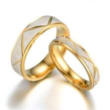 Conjunto de 2 anéis de casal banhados a ouro 18K, design para festa, casamento, joias da moda, faixa de aço inoxidável