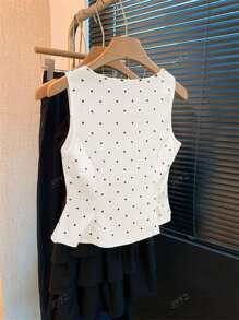 Women's Elegant Casual Black & White Polka Dot Bow Decor Button Front Camisole Tank Top, Summer All-Match Versatile Design