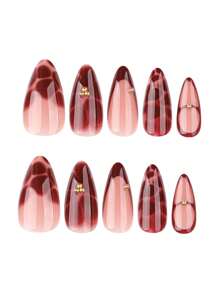 24 PIEZAS Uñas postizas de almendra con flores de color rojo vino para arte de uñas, suministros