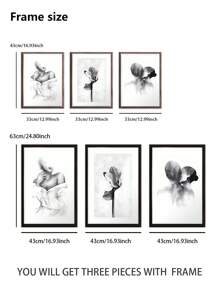 3Pcs/Set, Optional Frame, High Quality Print Painting, Modern Style, Ink Painting Style, Characters, Flowers, Black, White And Gray Tones, Simple Art, Wall Art Poster, Home Decoration, Decorative Painting, Suitable For Living Room, Sofa, Bed, Hallway, Bedroom, Bathroom, Office, Perfect Art Gift
