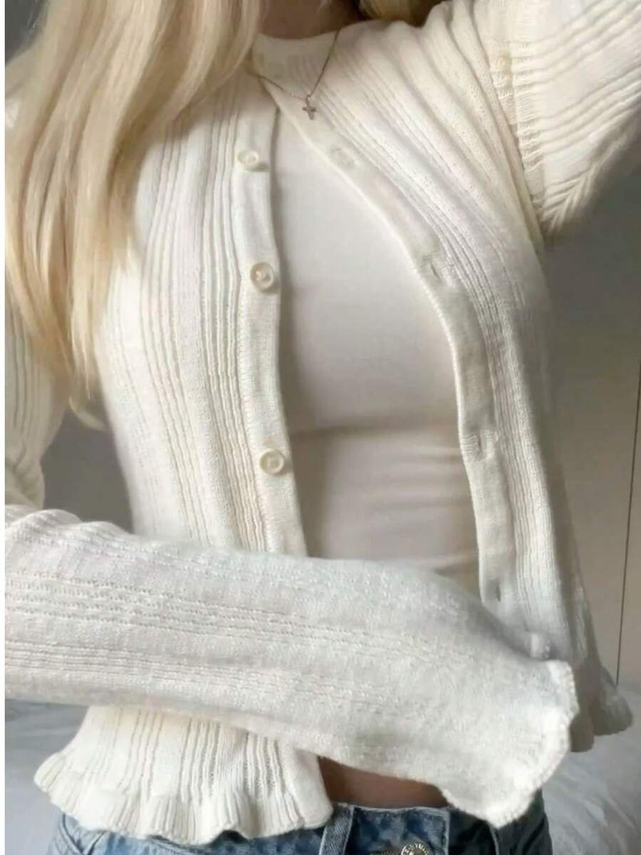 Women Cute Streetwear Long Sleeve Ruffle Trim Buttons Knitted Sweater Cardigan Tops Daily Wear White Fall - White - View 1