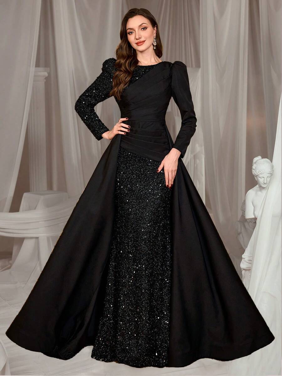 UNITHORSE Round Neck Sequin Patchwork Polyester Waist Fitted Solid Color Fishtail Evening Dress, Bride Dress, Birthday Women Outfits, Graduation Dress, Formal Dress. Fall Women Clothes - màu đen - Xem 1