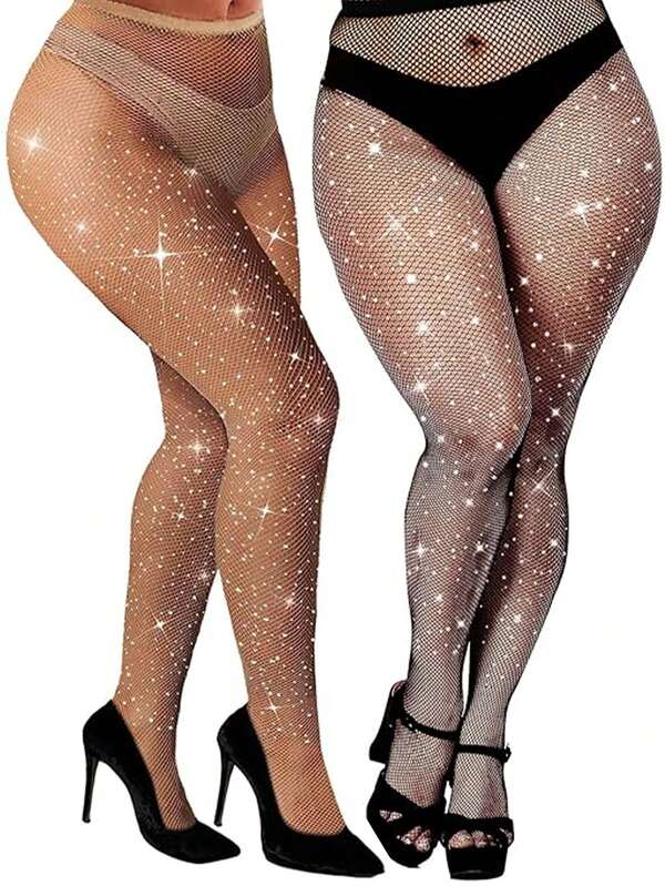 2 piezas Medias de mujer talla grande con brillantes de rhinestone y diseño de red, ajuste ceñido, elásticas, adecuadas para ir de fiesta, estilo gótico, moda, versátiles, para todas las estaciones