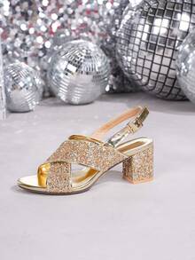 女士闪亮交叉带低跟粗跟后绑带凉鞋，时尚银色高跟鞋，适合派对、婚礼，简约交叉带设计，轻便舒适，全新夏季系列