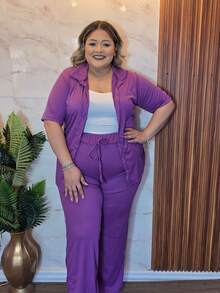 Plus Size Casual 3-Piece Set Includes Top, Pants, And Button-Down Shirt. - 紫丁香色 - 查看 1