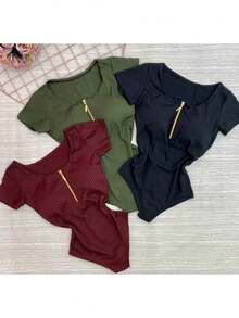 Kit 3 Assorted Bodysuits With Sleeves And Zipper Neckline - Trắng/Đen/Xám - Xem 3