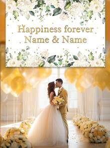 1pc Customizable Green Leaves & Floral Photography Backdrop Cloth, Wedding Engagement Forever Happiness Party Celebration Decor Banner