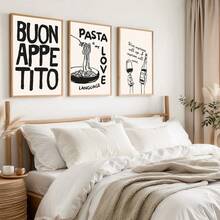意大利面厨房海报印刷品（3 件套）、趣味美食墙面艺术、葡萄酒海报、复古艺术、黑米色中性墙面艺术、现代简约中性厨房餐厅帆布装饰（无框）