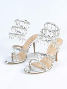 Women's Stiletto High Heel Sandals, Fashion Minimalist Strap With Rhinestone Snake Wrap Round Toe, Basic Style For Summer & Autumn - Silver - View 2