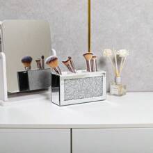 Silver Makeup Brush Holder Organizer Bling 3 Slot Crushed Diamond Crystal Mirrored Cosmetic Brushes Storage Eyeliners Eyebrow Pencil Display Case