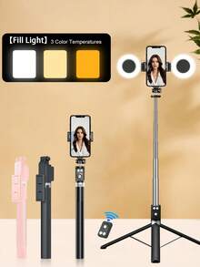 66.9 Inch/170cm Bluetooth Remote Control Selfie Stick With Tripod, Aluminum Alloy Phone Holder With 3-Color LED Fill Light, Extendable, 360° Rotation, Anti-Shake, Foldable Portable Compatible With IPhone 16/15/14/13/12/11e/Max/Pro/Xs/Xr/X/Plus, Video Recording And Life Capturing - Black - View 2