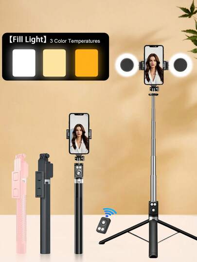 66.9英寸/170厘米蓝牙遥控自拍杆，带三脚架，铝合金手机支架，配备三色LED补光灯，可伸缩，360°旋转，防抖，可折叠便携，兼容 16/15/14/13/12/11e/Max/Pro/Xs/Xr/X/Plus，支持视频录制和生活记录。