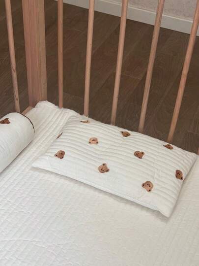 1pc Baby Pillow, Cartoon Animal Embroidery, Pure Cotton Breathable For Newborns Toddlers, Soft & Flat, Suitable For All Seasons