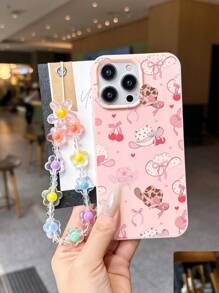 1 pieza Funda de teléfono a prueba de golpes con patrón de cerezas y flores de estilo occidental rosa, con cordón de flores hecho a mano, compatible con Apple XS, 11, 12, 13, 14, 15, 16, XR, 13 Pro Max, 16 Plus, 14 Pro, Xr, 14, 12 Pro y 15 Plus
