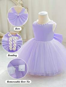 女婴手工串珠 3D 蝴蝶结圣诞派对薄纱优雅连衣裙，公主裙，适合女孩 1 岁生日礼物、派对、宴会、节日庆典 - 淡紫色 - 查看 3