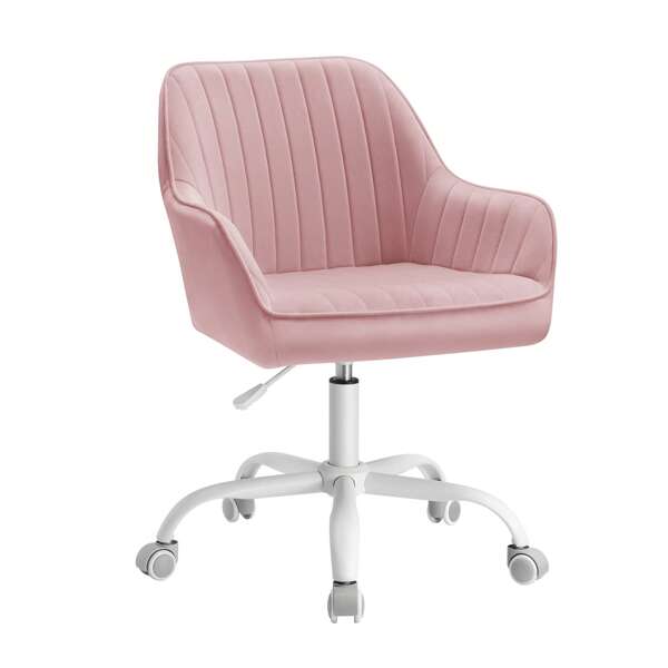 SONGMICS Chaise de Bureau avec Surface en Tissu Velours, Fauteuil Pivotant, Siège Ergonomique, Rembourrage en Mousse, Hauteur Réglable, Rose bonbon