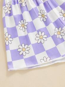 Toddler Girl Clothes 6M 12M 18M 24M 3T 4T Baby Girls Outfits Summer Floral Checkerboard Print Shirt+Shorts+Headband 3pcs Baby Clothing - 紫色 - 查看 6